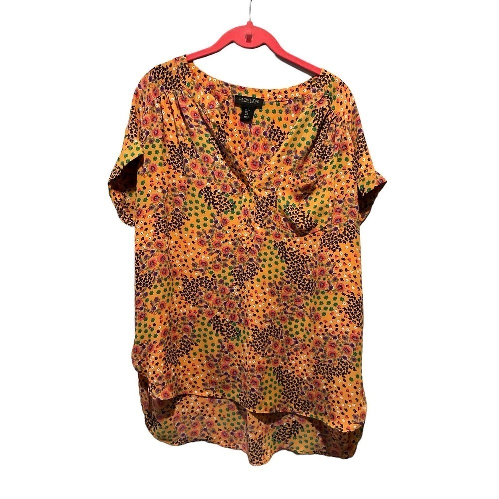 Rachel Zoe Blouse Top Women's Size L Orange Floral Short Sleeve Pullover V-Neck‎